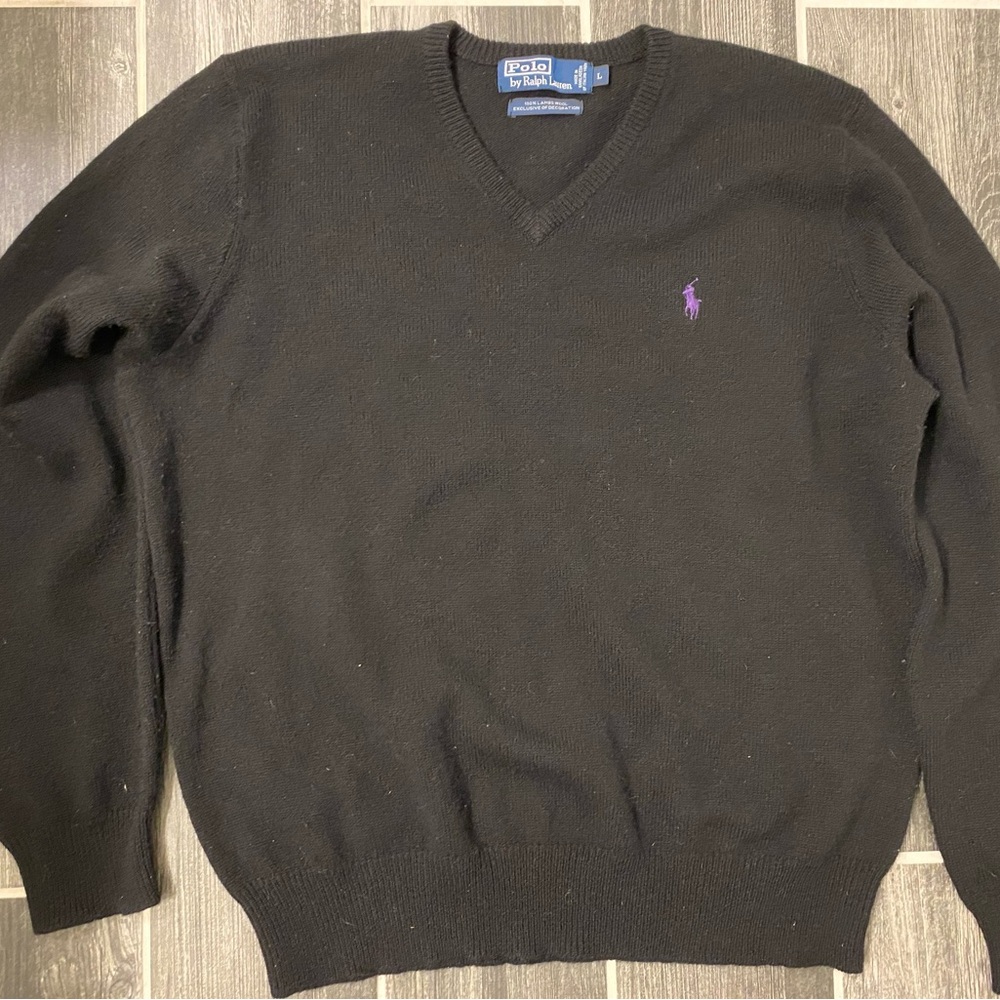 Polo Ralph Lauren Men 100% Lambs Wool L Black V Neck Sweater Logo Preppy Classic